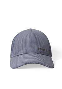 Cappellino da baseball in velluto a coste blu con visiera curva e piccolo logo nero "Antony Morato" sul lato destro anteriore.