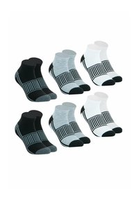 Six paires de chaussettes courtes en noir, gris et blanc, avec des bandes rayées, des accents de contraste au niveau des orteils et du talon, et une texture lisse.