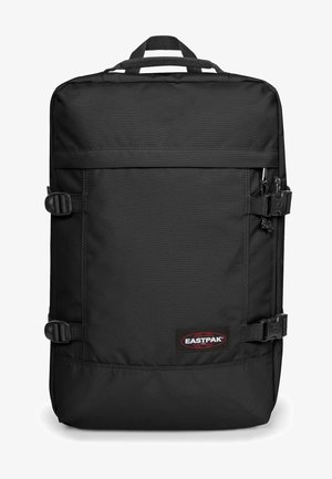 Zwarte polyester rugzak met verstelbare banden, zijgespen en Eastpak-logo. Kenmerkt zich door een rechthoekige vorm en een gestructureerd oppervlak.