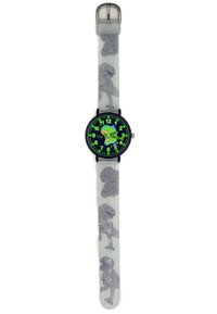 Montre pour enfants avec un boîtier rond noir, un cadran vert avec un graphique de dinosaure, et un bracelet blanc orné de motifs de dinosaures bleus.