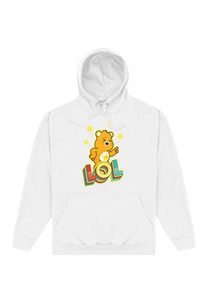 Biała bluza z kapturem z kolorową grafiką niedźwiedzia i napisem "LOL" w odważnych literach. Zawiera kieszeń z przodu.