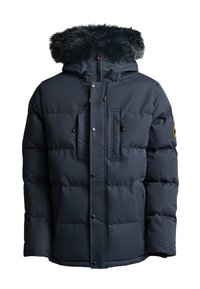 Tamsiai mėlynas pūkinis švarkas su kailiniu kapučinu, dviem priekinėmis kišenėmis ir reguliuojamais raišteliais. Yra užtrauktukas priekyje ir mygtukų uždarymas.