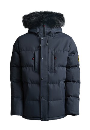 Marineblaue Daunenjacke mit einer mit Fell gefütterten Kapuze, zwei Fronttaschen und verstellbaren Kordeln. Verfügt über einen Reißverschluss vorne und Druckknopfverschlüsse.