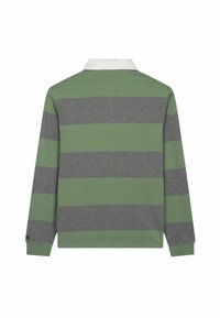 Korte mouw polo met brede groene en grijze strepen, een witte kraag en een zachte katoenmix. Geen zichtbare logo's of accenten.