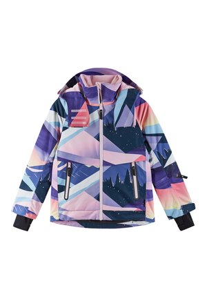 Giacca da neve colorata con motivo geometrico di montagne in viola, rosa e blu. Presenta una cerniera anteriore, due tasche con zip e un cappuccio.