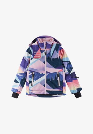 Giacca da neve colorata con motivo geometrico di montagne in viola, rosa e blu. Presenta una cerniera anteriore, due tasche con zip e un cappuccio.