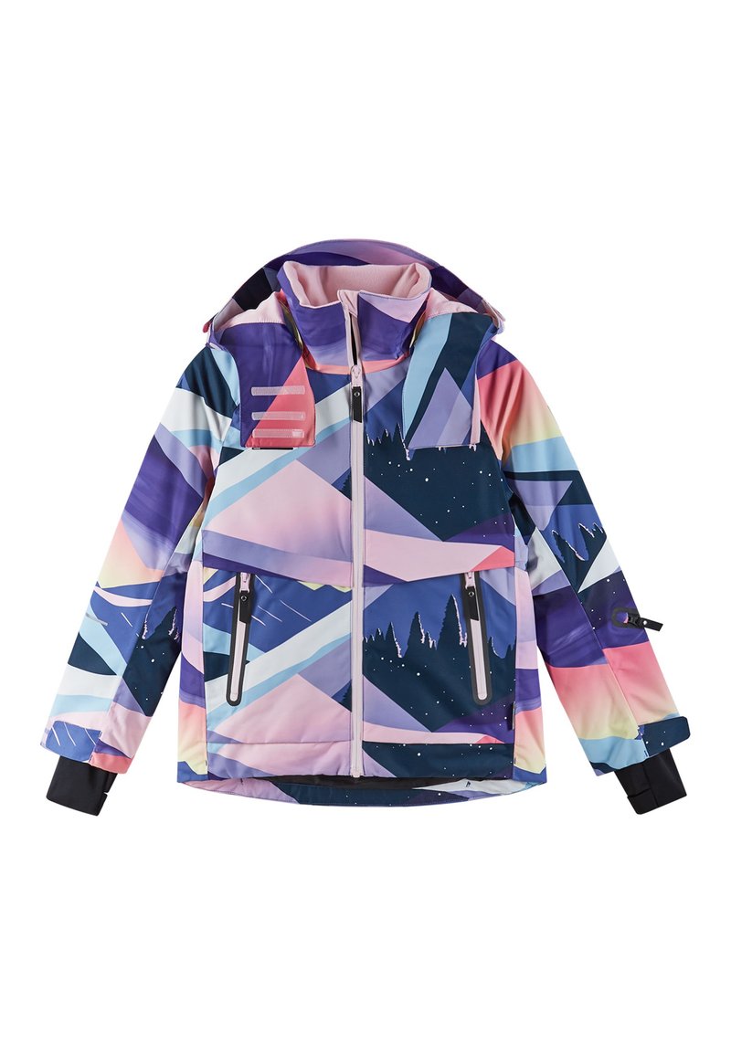 Giacca da neve colorata con motivo geometrico di montagne in viola, rosa e blu. Presenta una cerniera anteriore, due tasche con zip e un cappuccio.
