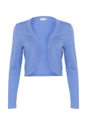 Cardigan court bleu clair avec des manches longues, un col rond et une texture tricotée lisse. Sans fermetures ; présente des bords avant arrondis.
