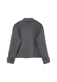 Grau gemischte Wolljacke mit strukturiertem Kragen, Raglanärmeln und geknöpften Manschettendetails. Die Rückseite weist eine saubere, taillierte Silhouette auf.