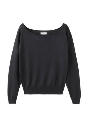 Pull noir à manches longues avec un large col bateau et des poignets et un ourlet côtelés, présenté sur un fond blanc.