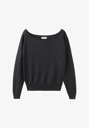 Pull noir à manches longues avec un large col bateau et des poignets et un ourlet côtelés, présenté sur un fond blanc.