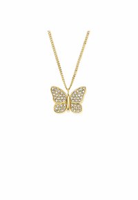 Collier pendentif en or en forme de papillon avec des accents en cristal, présentant des détails complexes sur les ailes et une chaîne délicate.
