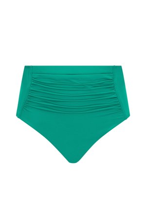 Spodniaczki bikini w kolorze morskim z wysokim stanem, z marszczonym detalem z przodu, gładkimi bokami i lekko skośnym krojem nóg.
