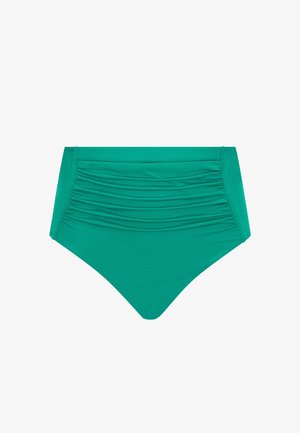 Bas de bikini taille haute de couleur sarcelle avec un détail de tissu froncé à l'avant, des côtés lisses et une coupe de jambe légèrement inclinée.