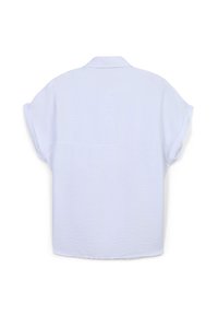 Camicetta bianca a maniche corte con bottoni, caratterizzata da una vestibilità rilassata, una texture sottile e un colletto classico con orlo dritto. Mostrata la vista posteriore.