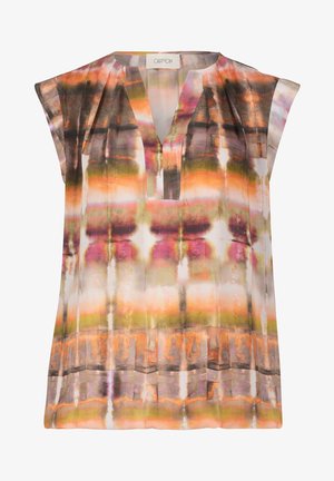 Ärmellose Bluse mit V-Ausschnitt und Falten, die ein weiches, abstraktes Muster in Orange-, Grün-, Rosa- und Brauntönen aufweist.