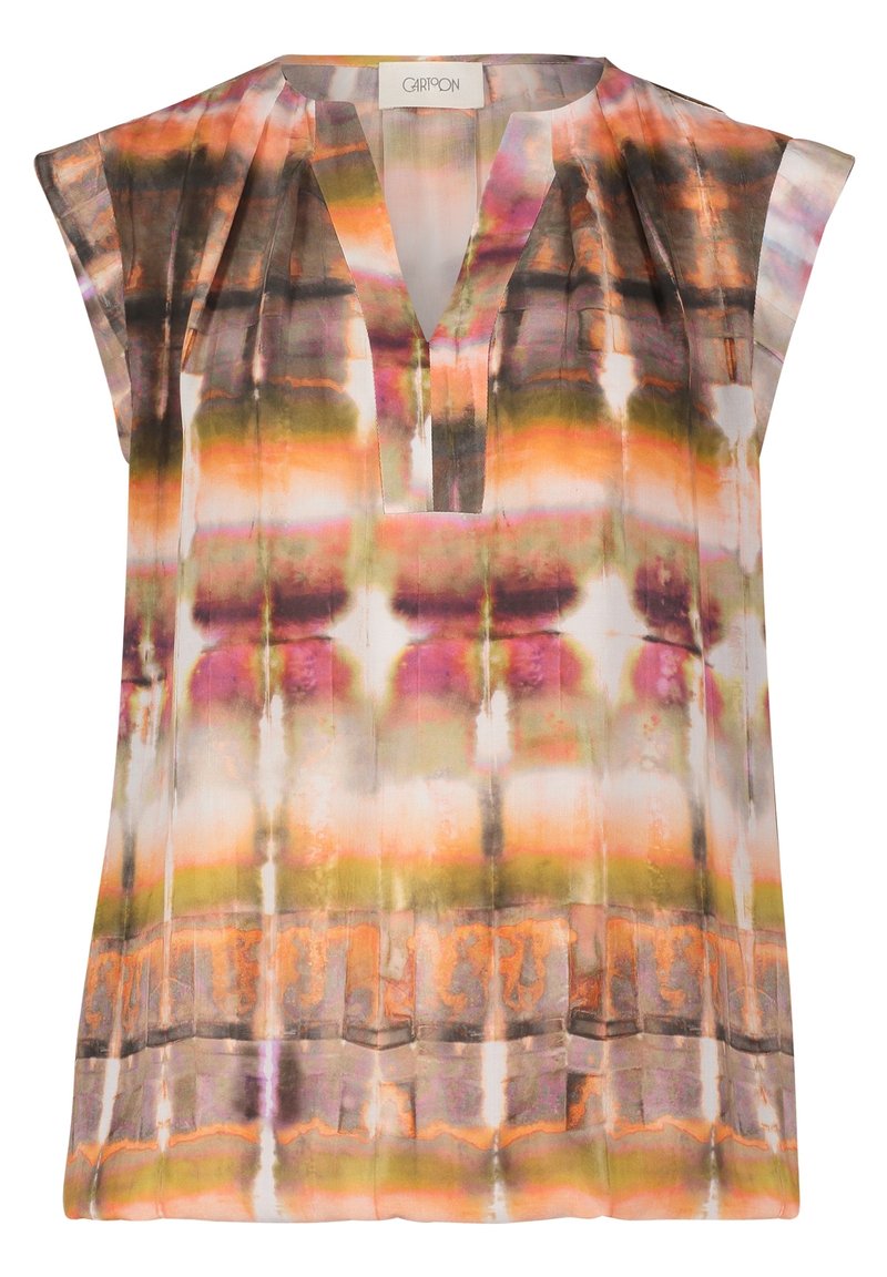 Blusa senza maniche a V con pieghe, caratterizzata da un morbido motivo astratto in tonalità di arancione, verde, rosa e marrone.