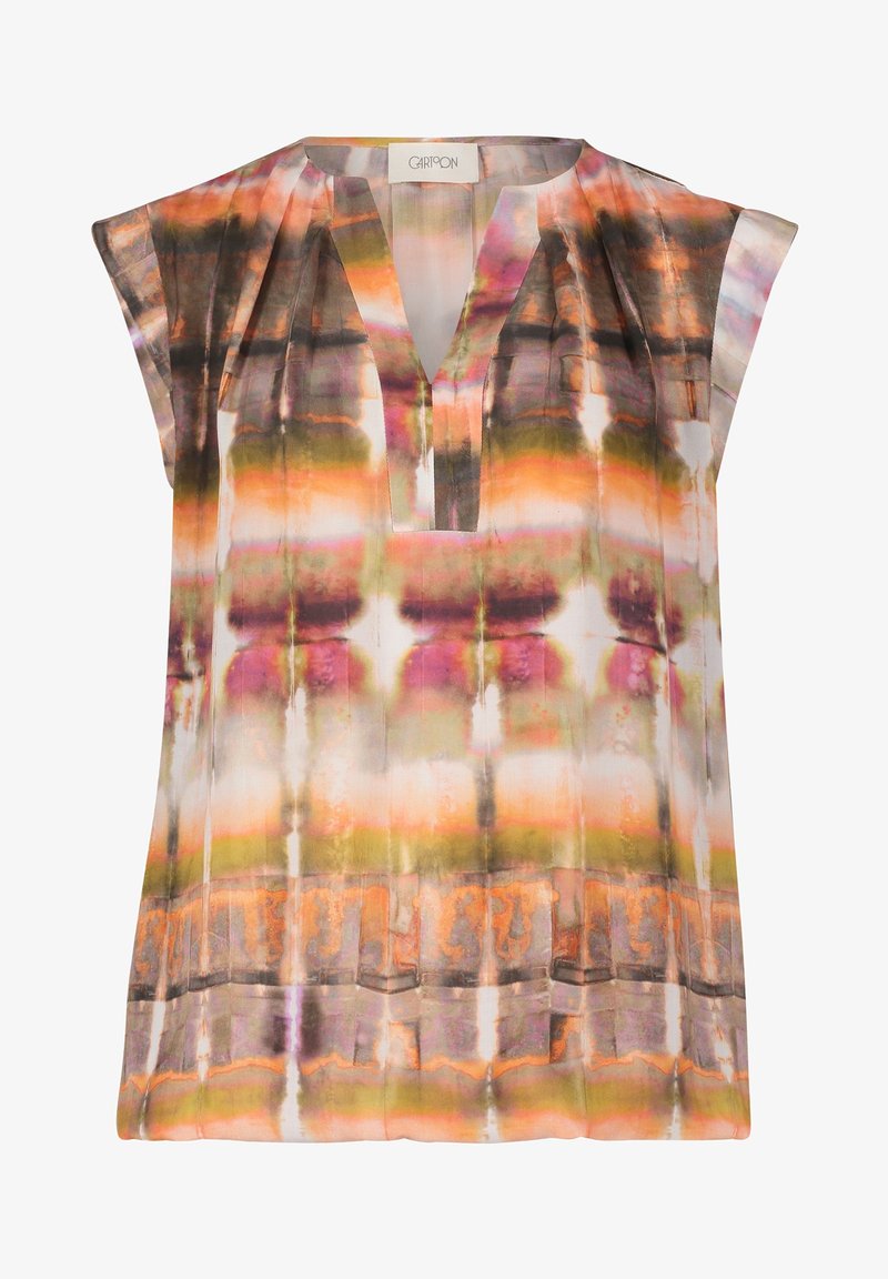 Blusa senza maniche a V con pieghe, caratterizzata da un morbido motivo astratto in tonalità di arancione, verde, rosa e marrone.