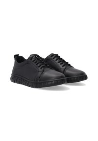 Schwarze Ledersneaker mit Schnürdesign, strukturiertem schwarzen Gummisohle und gepolstertem Kragen für zusätzlichen Komfort. Glatte Oberfläche mit minimalen Akzenten.