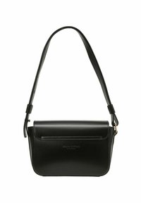 Sacoche en cuir noir avec un design élégant et une bandoulière réglable. Comprend une fermeture à rabat et un logo en relief à l'avant.