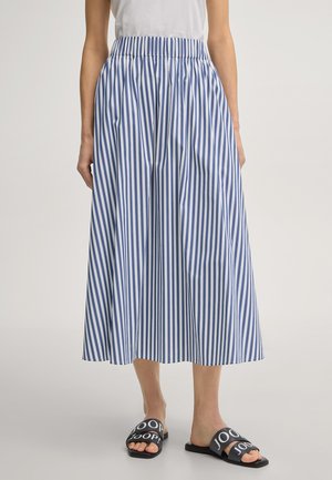 Vrouw met een midi-rok met blauwe en witte verticale strepen, gecombineerd met zwarte open teenslippers met witte tekst.