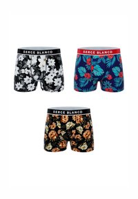 Trois paires de boxers pour hommes avec des motifs floraux. Les couleurs incluent le noir, le bleu marine, et un fond noir avec des fleurs orange.