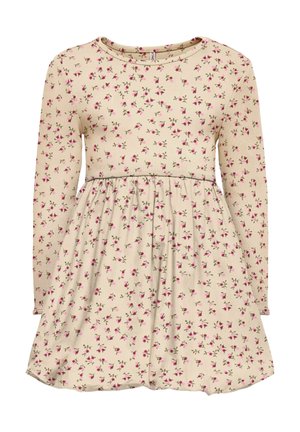 Beige long-sleeve girls' dress with small pink and red floral pattern, gathered waist, and ribbed texture on the upper part.