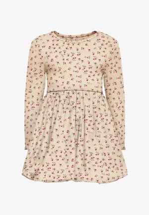 Beige long-sleeve girls' dress with small pink and red floral pattern, gathered waist, and ribbed texture on the upper part.