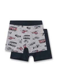 Children's boxer shorts in gray with a pattern of red and black vehicles, including helicopters and buses, featuring a dark blue waistband.