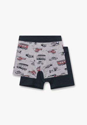 Kinder-Boxershorts in Grau mit einem Muster aus roten und schwarzen Fahrzeugen, darunter Hubschrauber und Busse, mit einem dunkelblauen Bund.