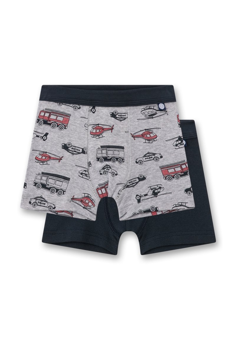 Children's boxer shorts in gray with a pattern of red and black vehicles, including helicopters and buses, featuring a dark blue waistband.