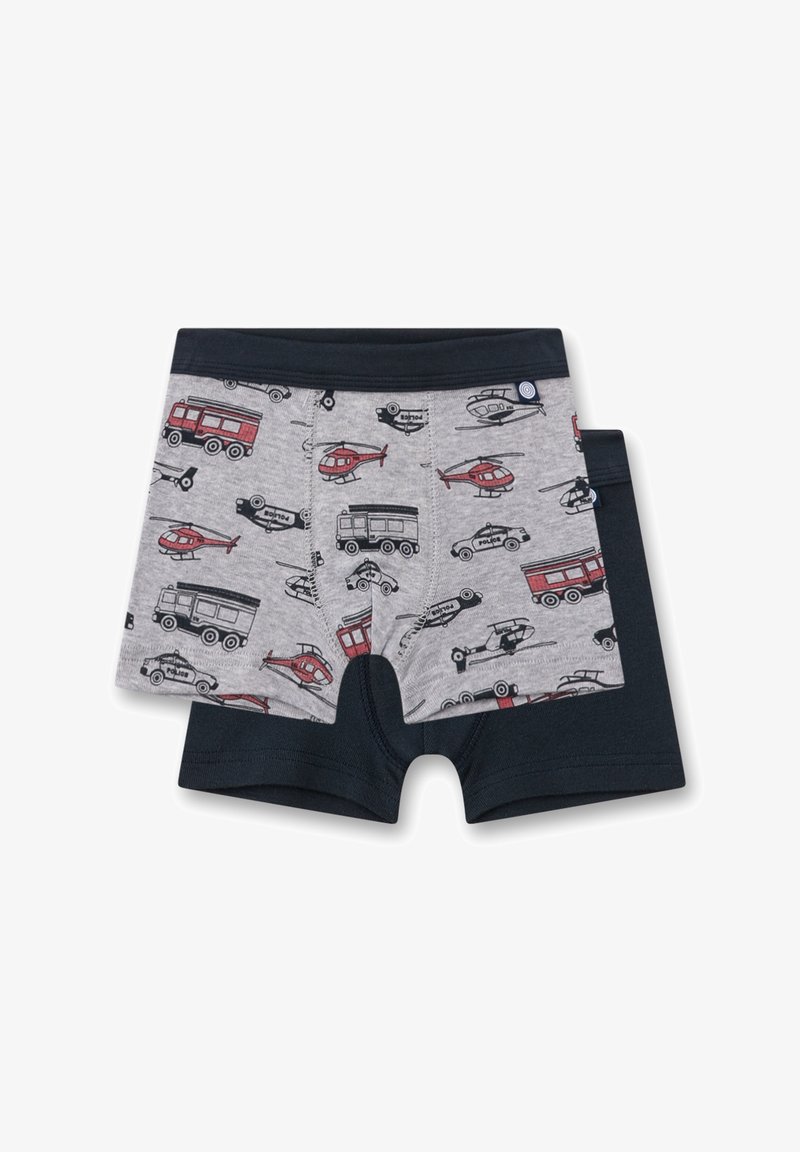 Kinder-Boxershorts in Grau mit einem Muster aus roten und schwarzen Fahrzeugen, darunter Hubschrauber und Busse, mit einem dunkelblauen Bund.