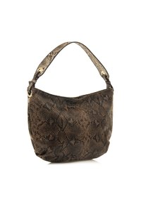 Braune Handtasche mit Schlangenmustern und weicher Textur, ausgestattet mit einem einzigen Tragegurt und goldfarbenen Hardware-Details.