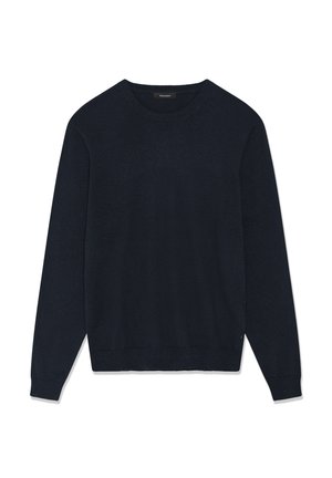 Maglione blu navy a maniche lunghe con scollo rotondo, polsini e orlo a costine, mostrato disteso su uno sfondo bianco.