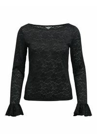 Sort blonde bluse med lange ærmer, der har en bådformet halsudskæring og flared manchetter, med et blomstermønster og struktureret overflade.