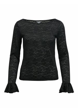 Sort blonde bluse med lange ærmer, der har en bådformet halsudskæring og flared manchetter, med et blomstermønster og struktureret overflade.