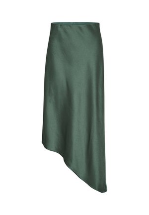 Asimetriška žalia atlasinė sijonas su lygiu paviršiumi, turintis subtilų blizgesį ir drapiruotą dizainą, kuris elegantiškai krenta kampu.