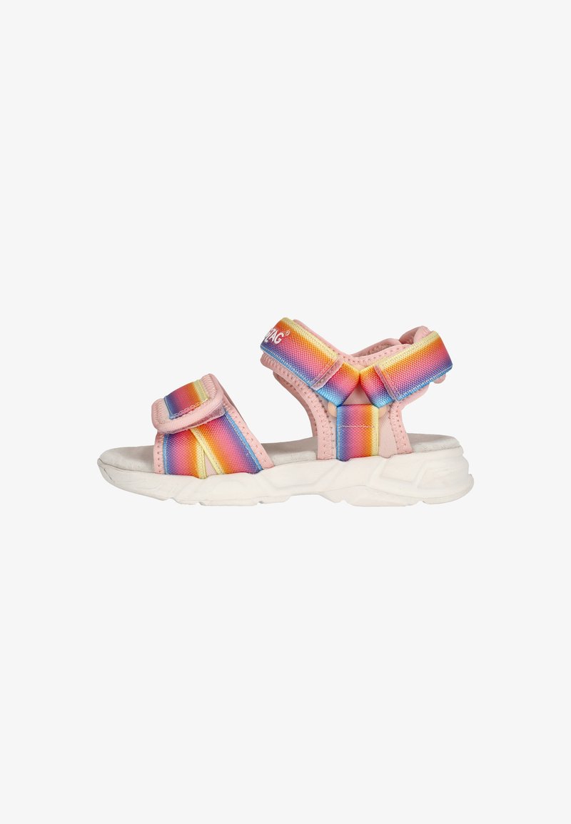 Colorful children's sandals with pink straps and a rainbow gradient design. Features a cushioned sole and adjustable Velcro closures.