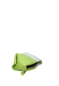 Borsa in pelle verde e azzurro chiaro con chiusura a zip e tracolla regolabile. Presenta una finitura testurizzata e dettagli in hardware dorato.