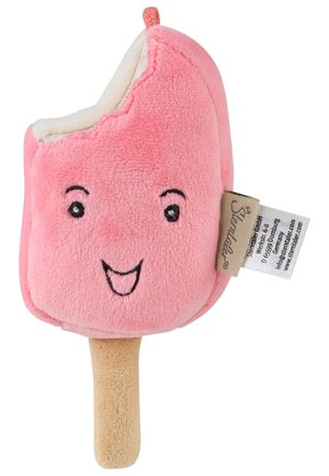 Soft pink plush ice cream bar with a smiling face and a beige handle, featuring stitched eyes and mouth, and a fabric tag on the side.