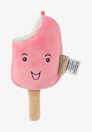 Soft pink plush ice cream bar with a smiling face and a beige handle, featuring stitched eyes and mouth, and a fabric tag on the side.