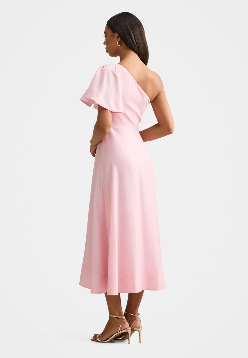 open lace back dress One Shoulder Pink Metallic Short Dress With Ruching main image 0