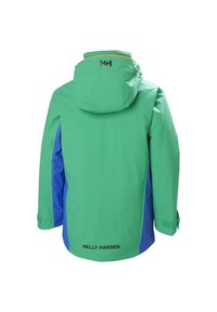 Zielona i niebieska kurtka Helly Hansen z kapturem, posiada regulowane mankiety, wentylację i logo z tyłu. Materiał wodoodporny.