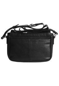 Borsa a tracolla in pelle nera con chiusura a zip, tracolla regolabile e texture sottile, caratterizzata da una tasca frontale e linee pulite.