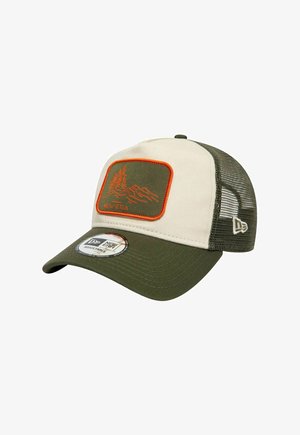 Two-tone green and beige mesh baseball cap with adjustable strap, featuring an orange-outlined patch of mountains and trees on front panel.
