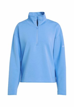 Sudadera azul clara con un alto cuello, cierre de media cremallera en el frente y mangas holgadas. Fabricada en un tejido suave y texturizado; diseño minimalista.