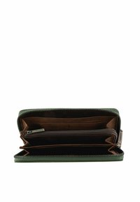 Portefeuille zippé en cuir vert foncé avec intérieur marron. Comprend plusieurs compartiments et une poche zippée pour pièces de monnaie.