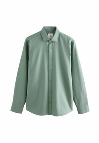 Chemise à manches longues vert clair avec boutons, col et coupe régulière, présentée sur un fond blanc.