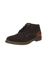 Mørkebrune semskede sko med et tan lærredshighlight. Har rund tå, snørebånd foran og teksturert gummisål.