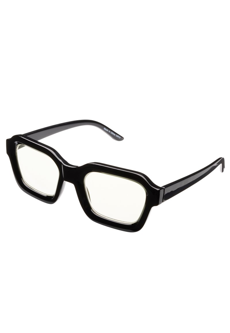 Gafas de plástico negro con montura cuadrada sobredimensionada, lentes transparentes y superficie lisa y brillante. Presenta acentos gruesos alrededor de los lentes.